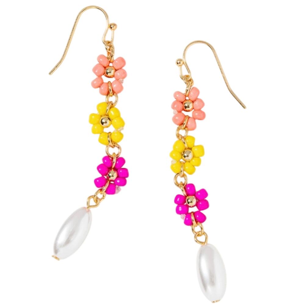 Francescaβs Uma Seedbead Flower Pearl Drop Statement Boho Earrings